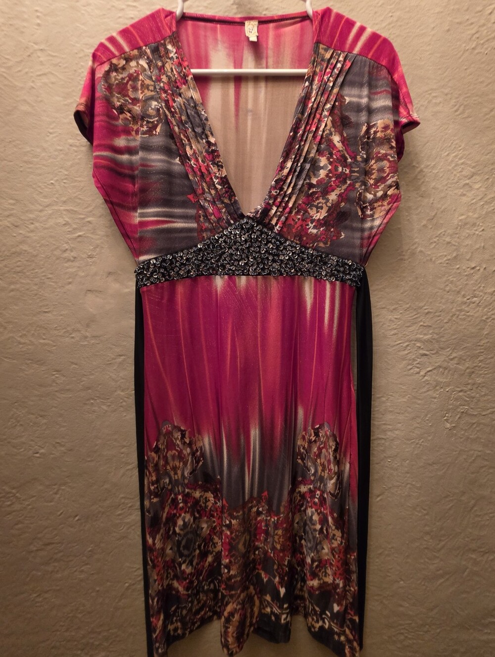 Y2K Red Floral Beaded Empire Waist V Neck Party Dress Size S